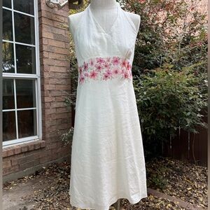 Ann Taylor White Midi Dress with Pink Floral Accents